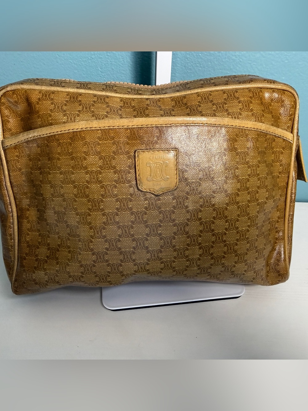 Vintage Celine Macadam Monogram Clutch Pouch Cosmetic Bag Brown PVC Leather